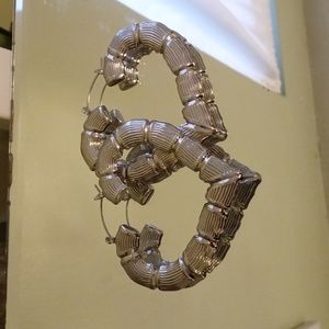 Women's 3" bamboo heart hoop earrings hollow in make silver in color